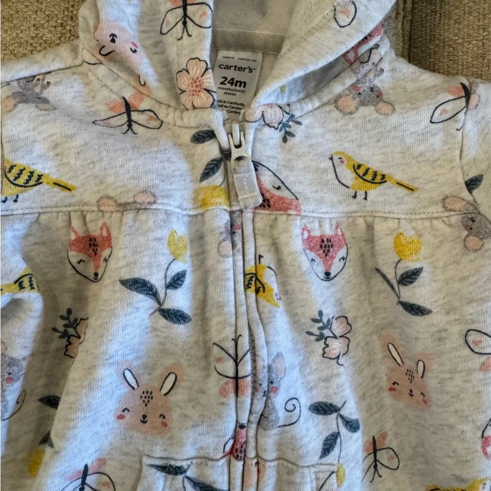 Kids Hooded Zip Jacket - Light Heather Gray with Floral & Animal Print